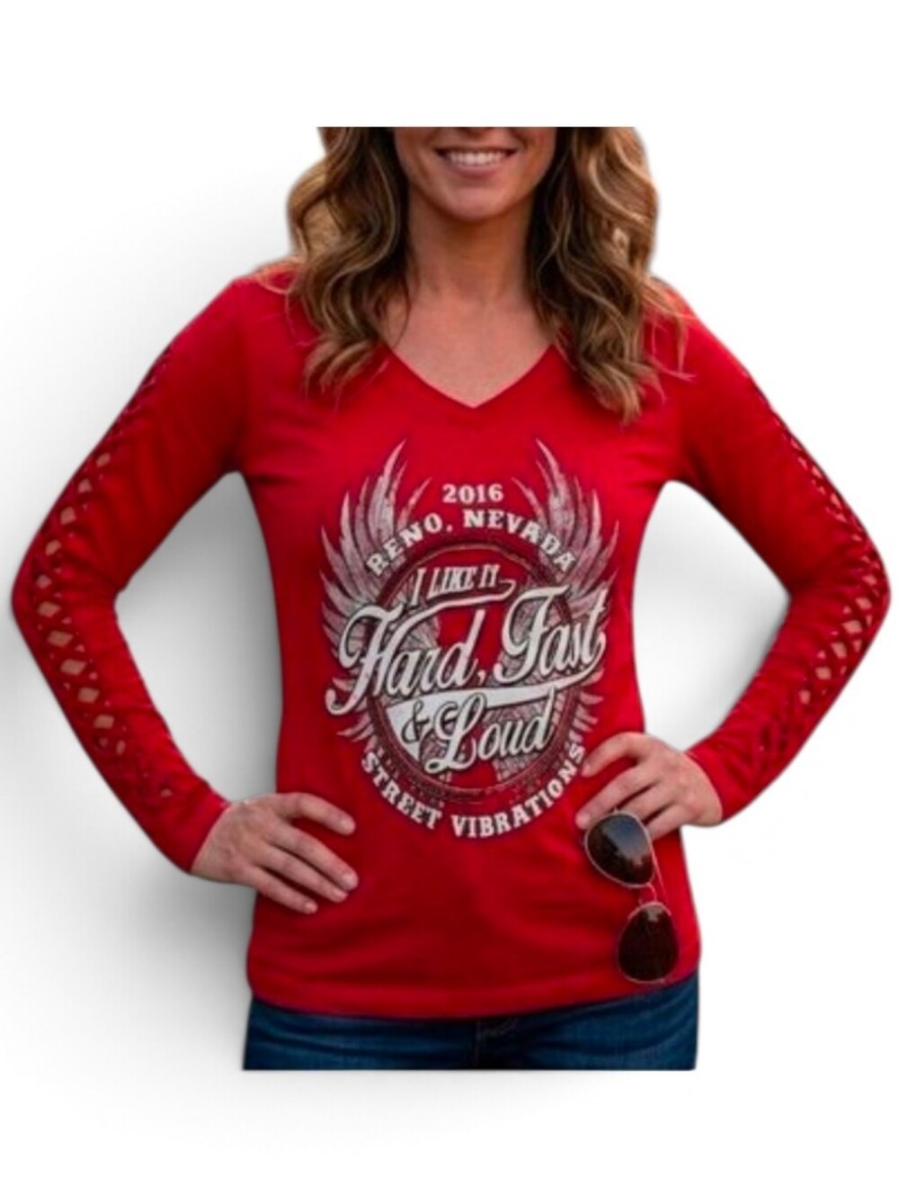 Biker Clothing Company Women's Lace-Up V-Neck Red Size M
